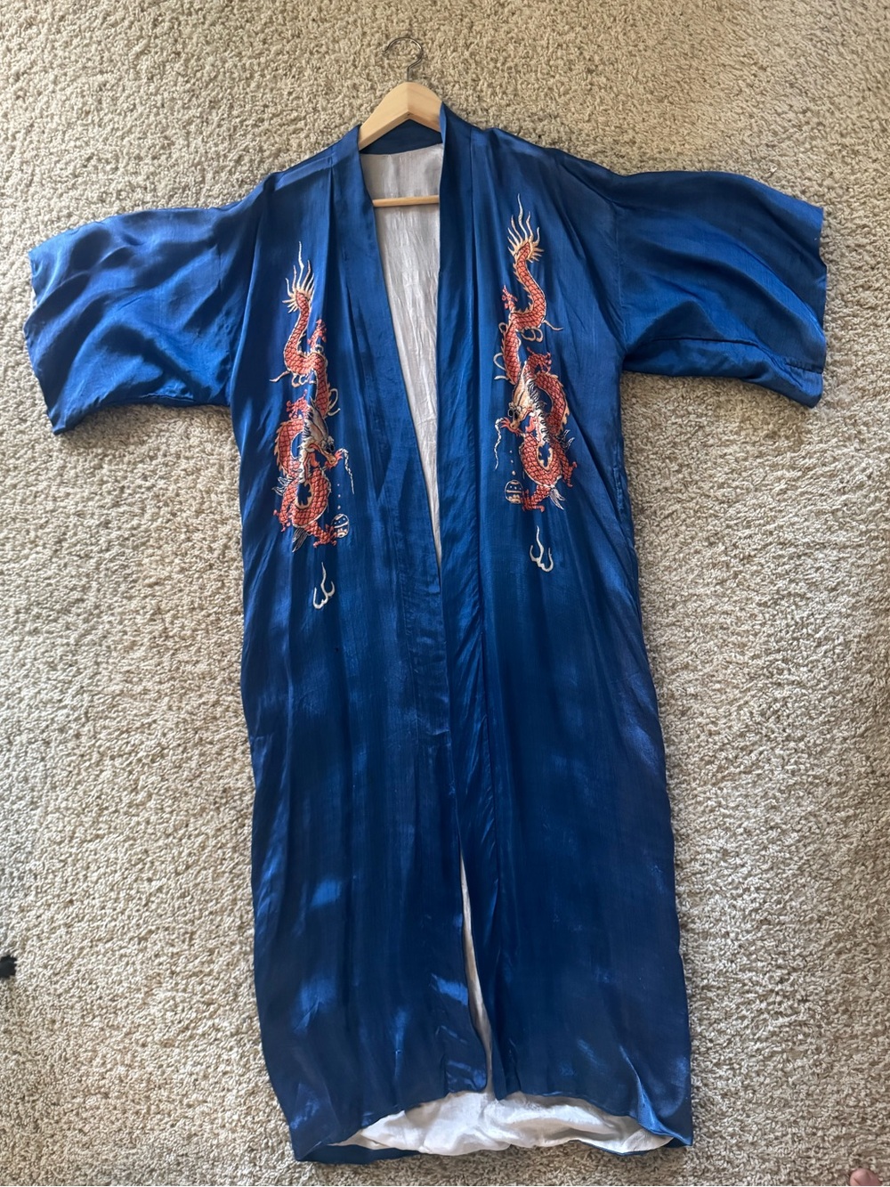 Vintage 1940s Blue Silk Kimono with orange Dragon Embroidery